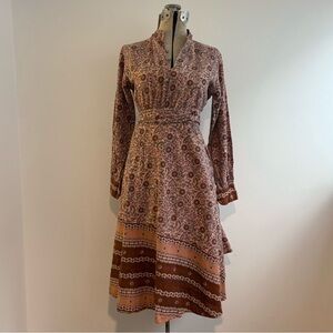 Vintage Indian block print 60s blouse and wrap skirt set in brown and pink, S-M